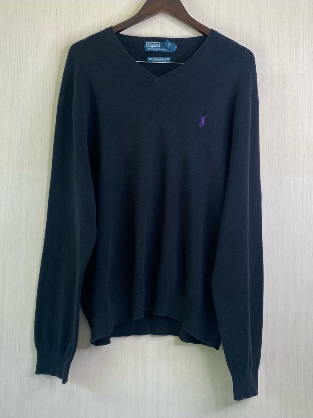 Polo by Ralph Lauren Men's Black V-Neck 100% Pima Cotton Sweater Purple Pony XXL